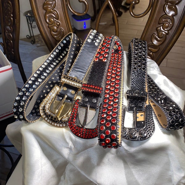 Y2K RHINESTONE BELTS RODEO Cowgirl bling belt 3 to choose from red rhinestone belt black with clear stones and gold buckle and skulls