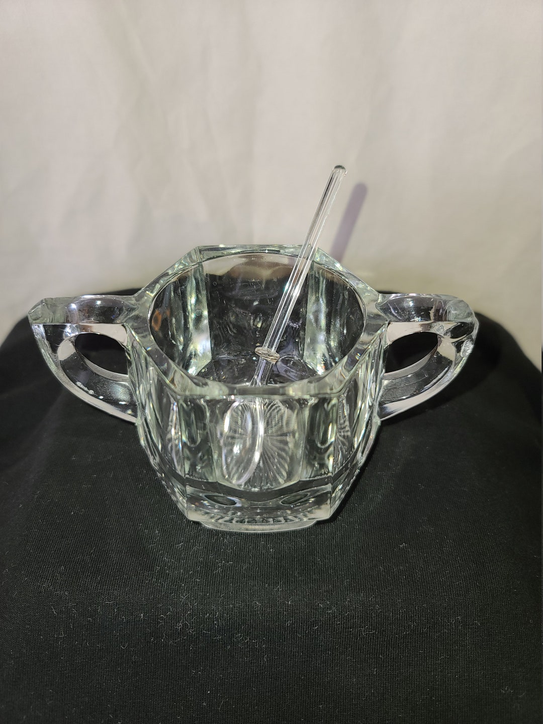 VINTAGE CUT CRYSTAL Glass Sugar Bowl With Glass Spoon Beveled Crystal
