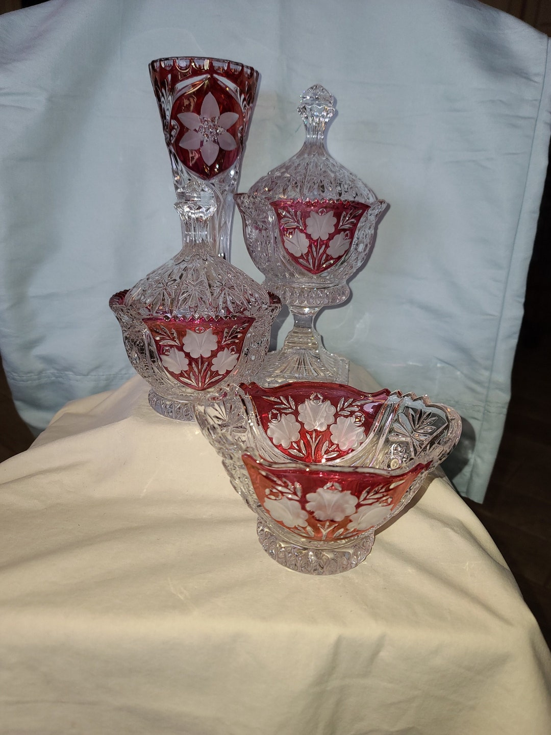 VINTAGE SET OF 6 Cut Red Crystal Lidded Candy Dish Vase and Etsy