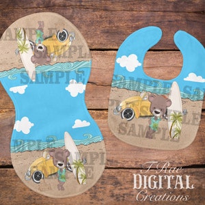 Surfing bear and car baby burp & bib set   * PLEASE read description before purchasing