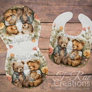 Bear Friends in floral Garden  Burp & Bib Set - *Please read description before purchasing