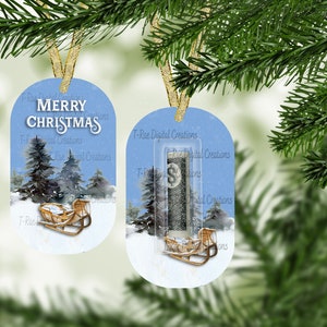 Merry Christmas sleigh dog tag money holder ornament   * PLEASE read description before purchasing