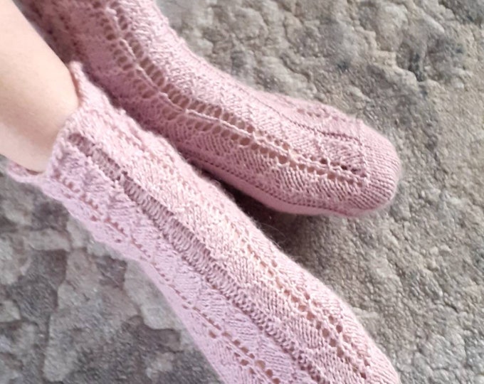 Hand knitted Cosy wool socks,  openwork pattern, comfort socks for women, lovely stylish present.