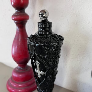 VIAL with YOUR CHOICE of Oil - Skull, Inverted Cross Vial All black - Made by 777 - All organic oils and herbs (some from my own garden).
