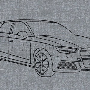 May include: A black and white line drawing of a car. The car is a hatchback with a large front grille and a prominent logo.