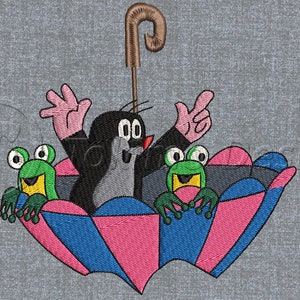 May include: A cartoon mole with a red umbrella and two green frogs. The mole is wearing a red hat and has a big smile. The frogs are sitting on the umbrella and looking at the mole.