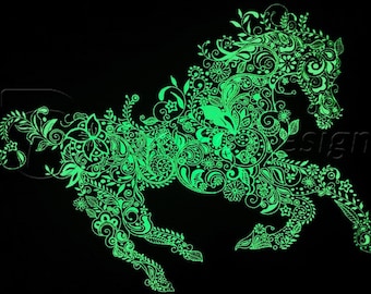 Flower horse - embroidered artwork - GLOW IN DARK