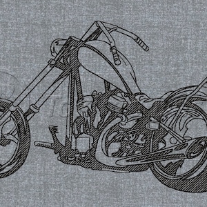 May include: Black and white line drawing of a custom motorcycle with a large front wheel and a sissy bar.