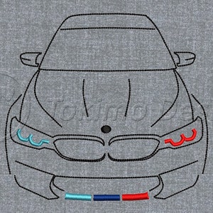 Könnte beinhalten: Eine Schwarzweiß-Zeichnung der Vorderseite eines Autos. Das Auto hat blaue und rote Lichter an der Front. Das Auto hat einen schwarzen Kühlergrill mit einem blau-rot-schwarzen Logo.