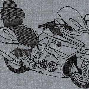 Puede incluir: Un dibujo en blanco y negro de una motocicleta con alforjas y un parabrisas. La motocicleta tiene el texto "GTL" en el lateral.