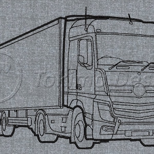 Puede incluir: Un dibujo en blanco y negro de un camión de plataforma con un remolque. El camión tiene una gran parrilla con la palabra "Renault" en ella.