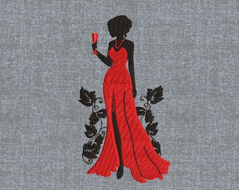 Lady with wine - Machine embroidery design pattern – 3 sizes
