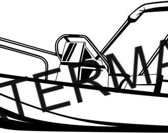 May include: A black and white line drawing of a small boat with a canopy and an outboard motor.