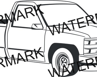 Puede incluir: Un dibujo en blanco y negro de una camioneta pick-up. La camioneta tiene una caja larga y una cabina grande. La camioneta está de frente y las ruedas delanteras están ligeramente giradas hacia la derecha.