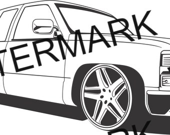 May include: A black and white line drawing of a pickup truck. The truck has a large grille, a long hood, and a bed in the back. The truck is sitting on large wheels with a detailed spoke design.
