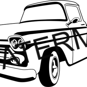 May include: Black and white line art illustration of a vintage pickup truck. The truck has a long hood, a large grille, and a flatbed.