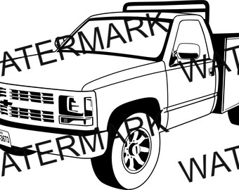 Puede incluir: Un dibujo en blanco y negro de una camioneta pick-up con una carrocería de servicio. La camioneta tiene una matrícula de Texas que dice "HJN-3673".