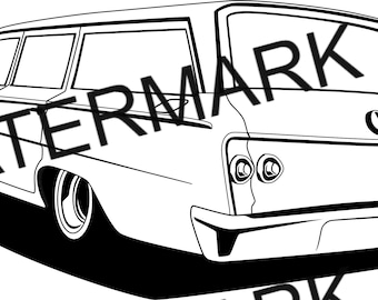 Può includere: Disegno in bianco e nero di una station wagon d'epoca. L'auto ha una carrozzeria lunga e rettangolare con un grande lunotto posteriore. L'auto è rivolta a destra e la parte posteriore dell'auto è visibile.