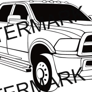 May include: A black and white line drawing of a pickup truck. The truck has a large grille with a horizontal bar design. The truck has a long bed and a large cab.