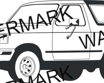 Może przedstawiać: Czarno-biały rysunek vintage'owego SUV-a Ford Bronco. Pojazd ma czarny dach i tylną szybę. Bronco ma przednią kratkę, reflektory i boczne lusterko.