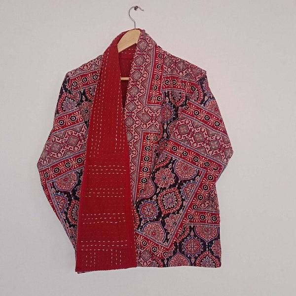 Ajrakh Vintage Short Kantha Jackets for Sale, Handcrafted Ethnic Boho Style Outerwear, Indian Fashion Apparel, Gift For Her