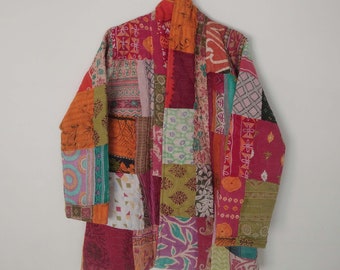 Cotton Patchwork  Quilted Kantha Jacket , Indian Handmade Beautiful Reversible Jacket , Women Cotton Kantha Coat Jacket, Thanksgiving Gift