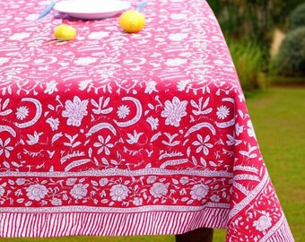 Red Christmas Floral Tablecloth, Block Print Table Cover, Handmade Table Decor Linen, Dinning Tablecloth, Rectangle Table Cloth