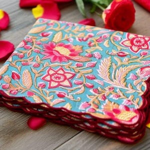 Handcrafted Scalloped Edge Cotton Napkin | Bold Red Floral Print Table Linen | Vintage-Inspired Block Print | Boho Table Decor