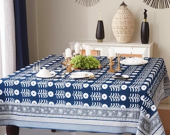 Royal Blue Floral Cotton Table Cover, Tablecloth , Rectangle Table Cloth, Cotton Table Linen for Gift, Indian Block Print tablecloth