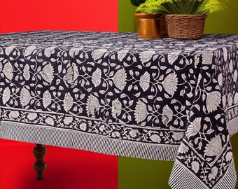 Black Floral Tablecloth, Floral Block Print Table Cover, Handmade Table Decor Linen, Dinning Tablecloth, Rectangle Table Cloth ,Gift For Mom