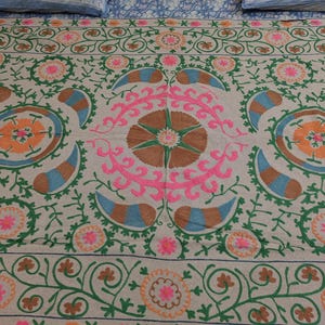 Beautiful Vintage Linen Suzani Hand Embroidered Wall Hanging  Cotton Embroidery Suzani Bed Spread Uzbek Suzani , Christmas Gift For Mom
