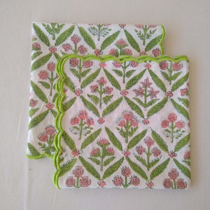 Light Steel Pink,  Green Indian Floral Hand Block Printed Napkin Set With Scalloped Edges Cotton Cloth Napkins Size 18X18 , Gift For Her