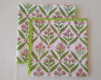 Light Steel Pink,  Green Indian Floral Hand Block Printed Napkin Set With Scalloped Edges Cotton Cloth Napkins Size 18X18 , Gift For Her
