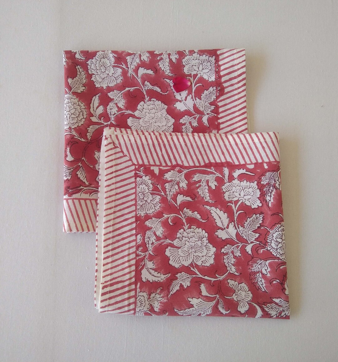 Red - Floral Block Print Cotton Hand Embroidery Table Napkin 03