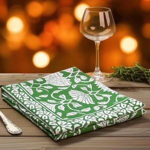 Green Floral Napkin Set , Hand Block Printed Napkins, Cotton Cloth Fabric Napkins, Kitchen Decor Napkins, Indian Block Print napkins