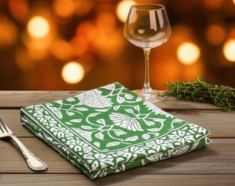 Green Floral Napkin Set , Hand Block Printed Napkins, Cotton Cloth Fabric Napkins, Kitchen Decor Napkins, Indian Block Print napkins