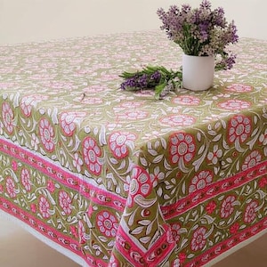 Indian Floral Block Printed Tablecloth, Indian Table Linen, Floral Dinning Tablecloth ,Elegant Decoration, New Rectangle Tablecloth