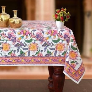 New Beautiul Floral Tablecloth,Indian  Block Print Table Cover, Handmade Table Decor , Dinning Tablecloth, Rectangle Table Cloth