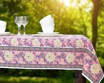 Nuova tovaglia rosa con stampa a blocchi, tovaglia in cotone con stampa a blocchi, tovaglia da pranzo, tovaglia floreale indiana per il Ringraziamento