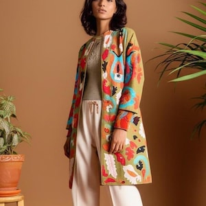 Green Embroidered Floral Long Summer Robe Jacket High Quality Summer Jacket, Suzani coat, Womens Suzani jacket , Handmade embroidery coat