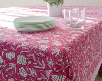 Pink Christmas Floral Tablecloth, Block Print Table Cover, Handmade Table Decor Linen, Dinning Tablecloth, Rectangle Table Cloth