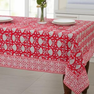 Indian Block Printed Tablecloth, Red Floral Block Print Table Cover, Handmade Table Decor Linen, Dinning Tablecloth, Rectangle Table Cloth