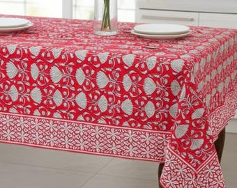 Indische Tischdecke mit Blockprint, rote Tischdecke mit Blockprint, handgefertigte Tischdekoration, Esszimmer Tischdecke, rechteckige Tischdecke