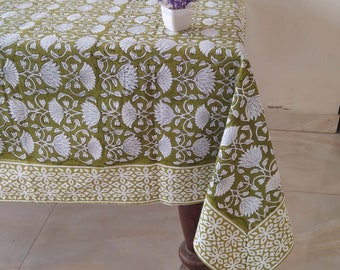 Green Floral Tablecloth, Floral Block Print Table Cover, Handmade Table Decor Linen, Dinning Tablecloth, Rectangle Table Cloth ,Gift For Mom