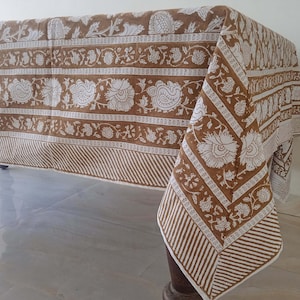 Tafelkleed bruin bloemen, tafelkleed met blokprint, handgemaakt tafeldecor linnen, eettafel, rechthoek tafelkleed, housewarmingcadeau