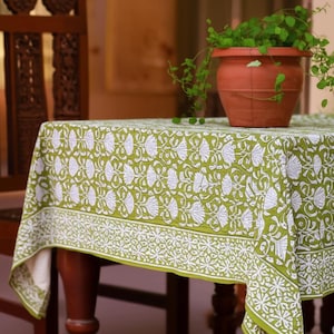 Green Floral Tablecloth, Floral Block Print Table Cover, Handmade Table Decor Linen, Dinning Tablecloth, Rectangle Table Cloth ,Gift For Mom