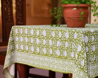 Grüne Blumentischdecke, Blumenblock-Druck-Tischdecke, handgemachte Tischdekor-Leinen, Esszimmer-Tischdecke, rechteckige Tischdecke, Geschenk für Mutter