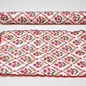 Hand Block Printed Cotton Placemat & Napkin Set | Floral Scalloped Edge Table Linen | Festive Boho Indian Dining Deco
