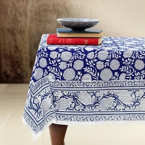 Blue Floral Block Print tablecloth, Blue Floral Cotton Table Cover, Cotton Tablecloth , Blue French Tablecloth, Rectangle Table Cloth