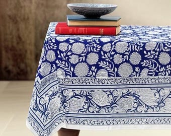 Blue Floral Block Print tablecloth, Blue Floral Cotton Table Cover, Cotton Tablecloth , Blue French Tablecloth, Rectangle Table Cloth